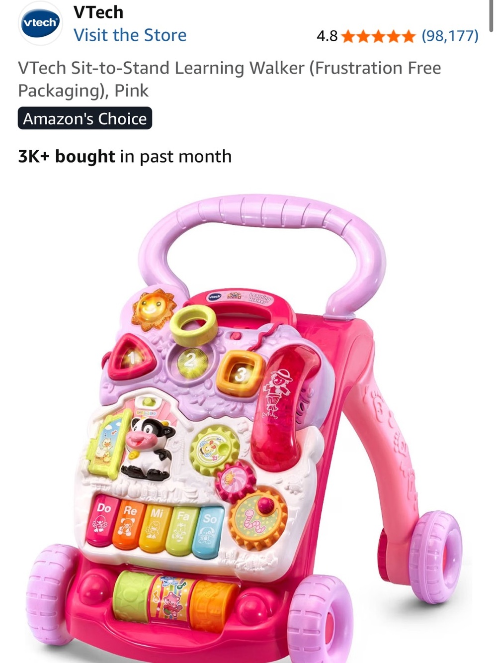 VTech Pink Sit-to-Stand Learning Walker with Interactive Activity Panel